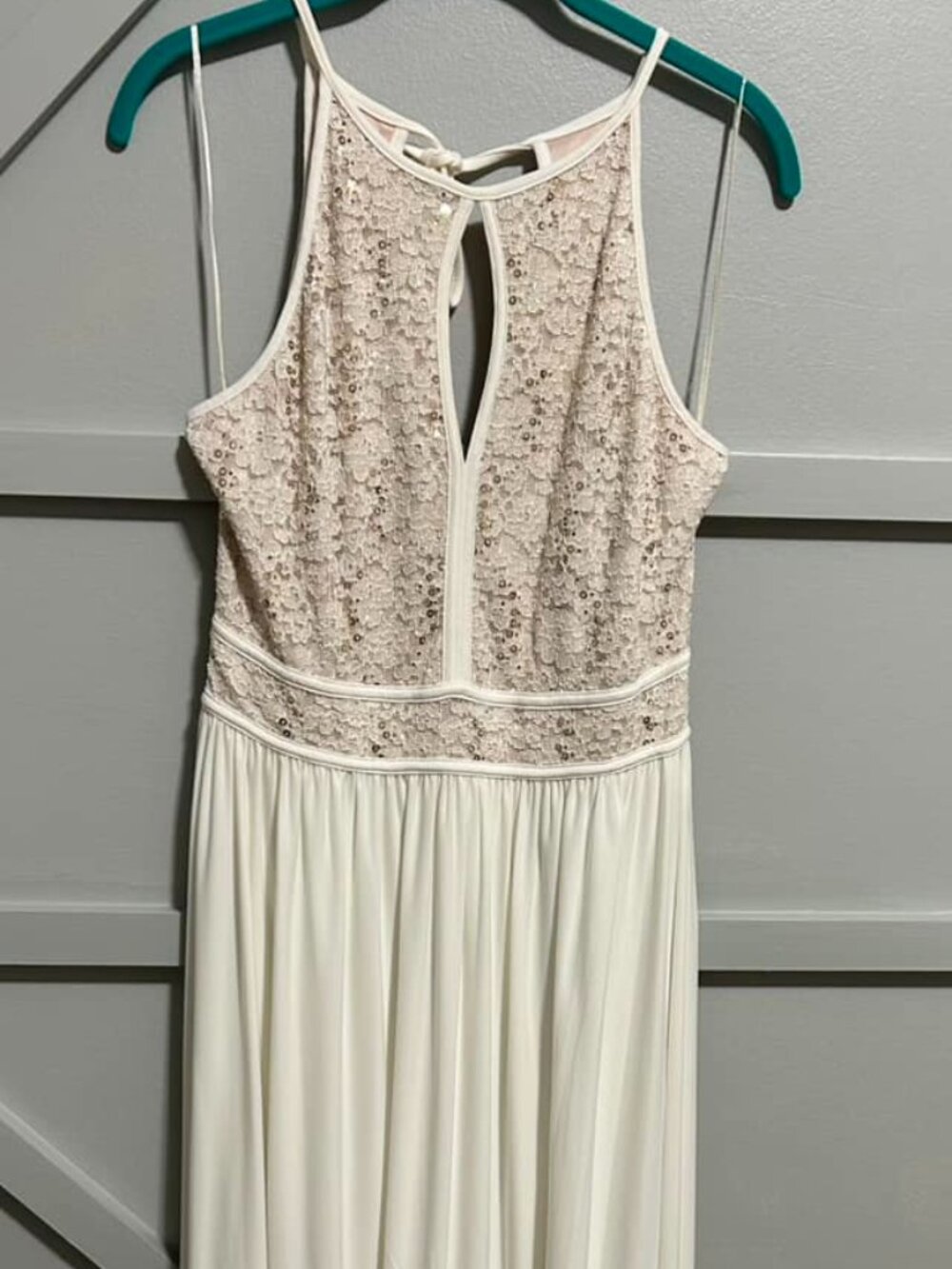 Morgan & Co halter dress with lace bodice